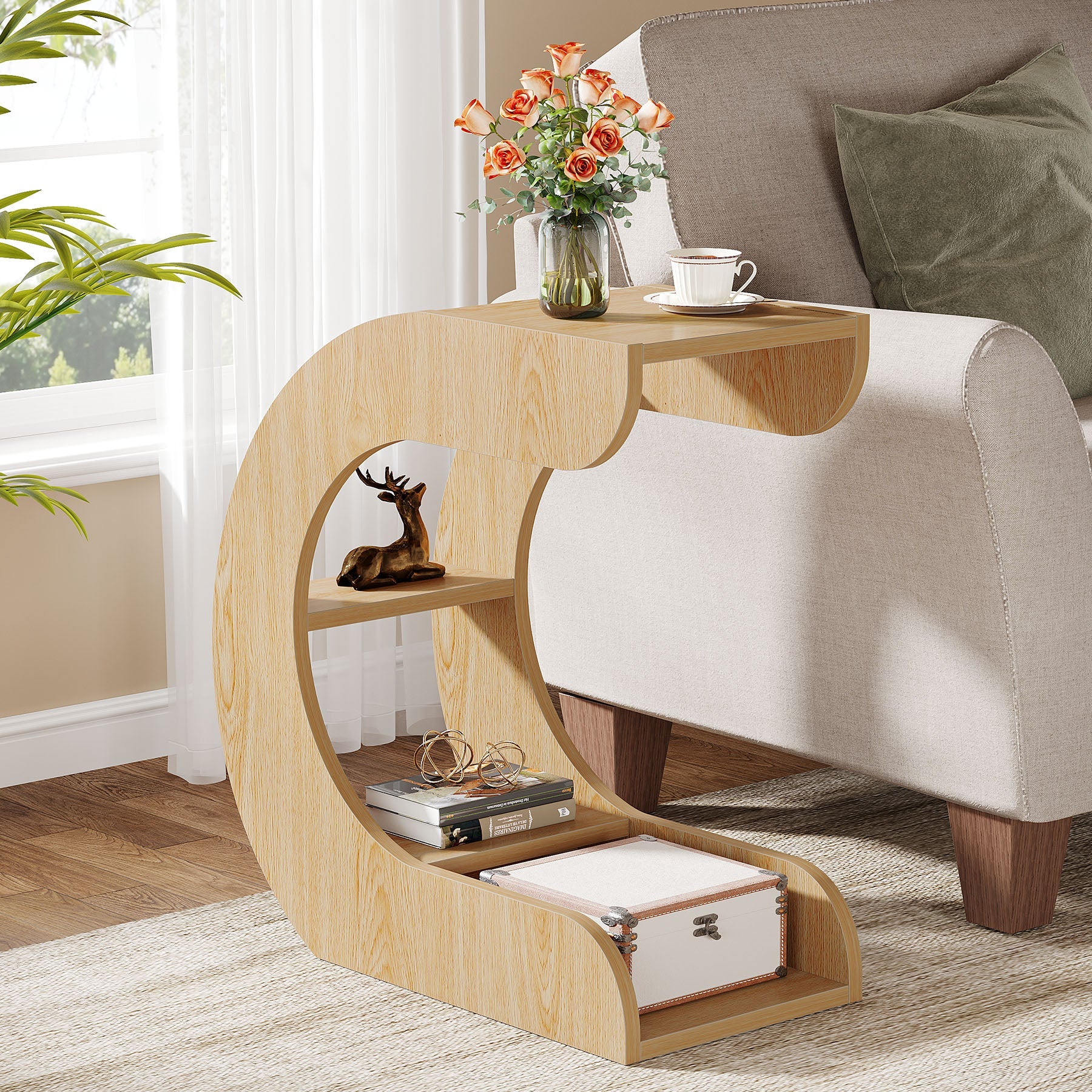 C-Shaped End Table, 4-Tier Side Tables with Storage Shelves