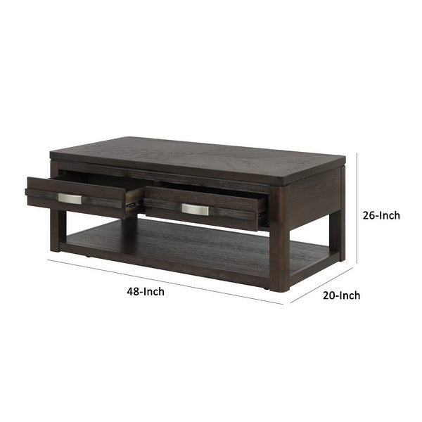 Joni 48 Inch Modern Cocktail Coffee Table， 2 Drawers， Curved Handles， Brown