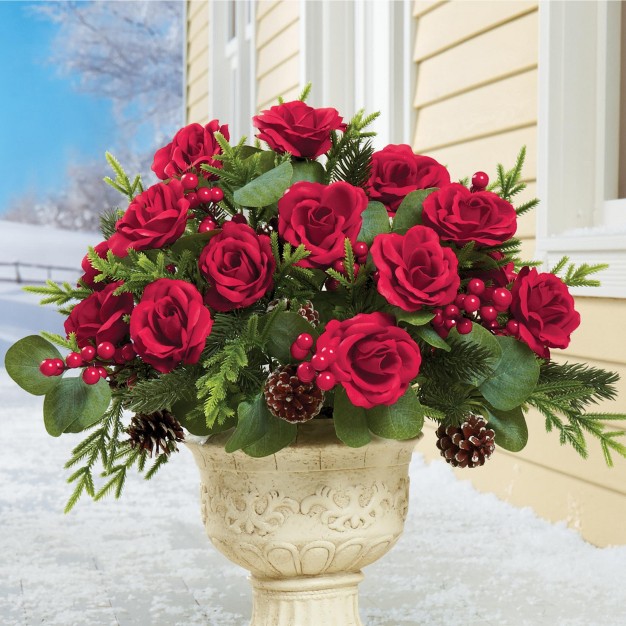 Collections Etc Artificial Holiday Red Rose Bush Arrangement Set Of 3 12 X 12 X 13