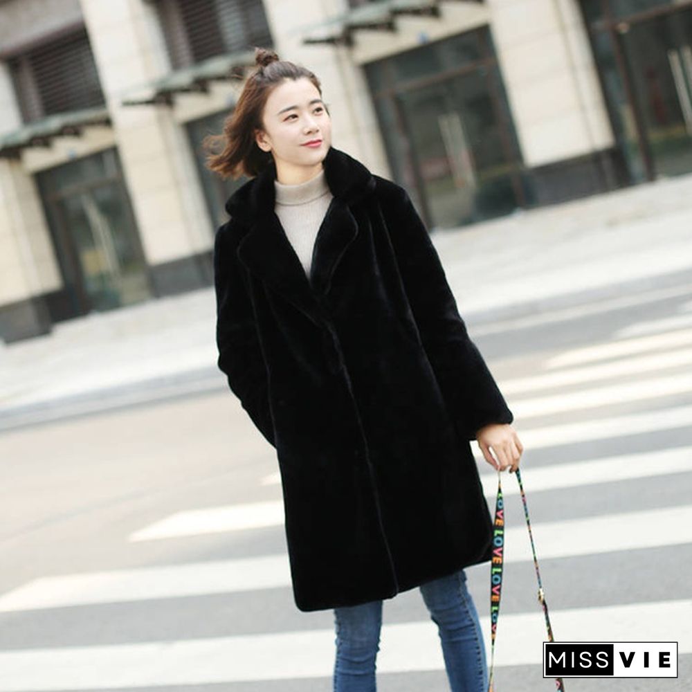 Women Mink Faux Fur Coat Solid Female Turn Down Collar Winter Warm Fur Lady Coat Casual Jacket