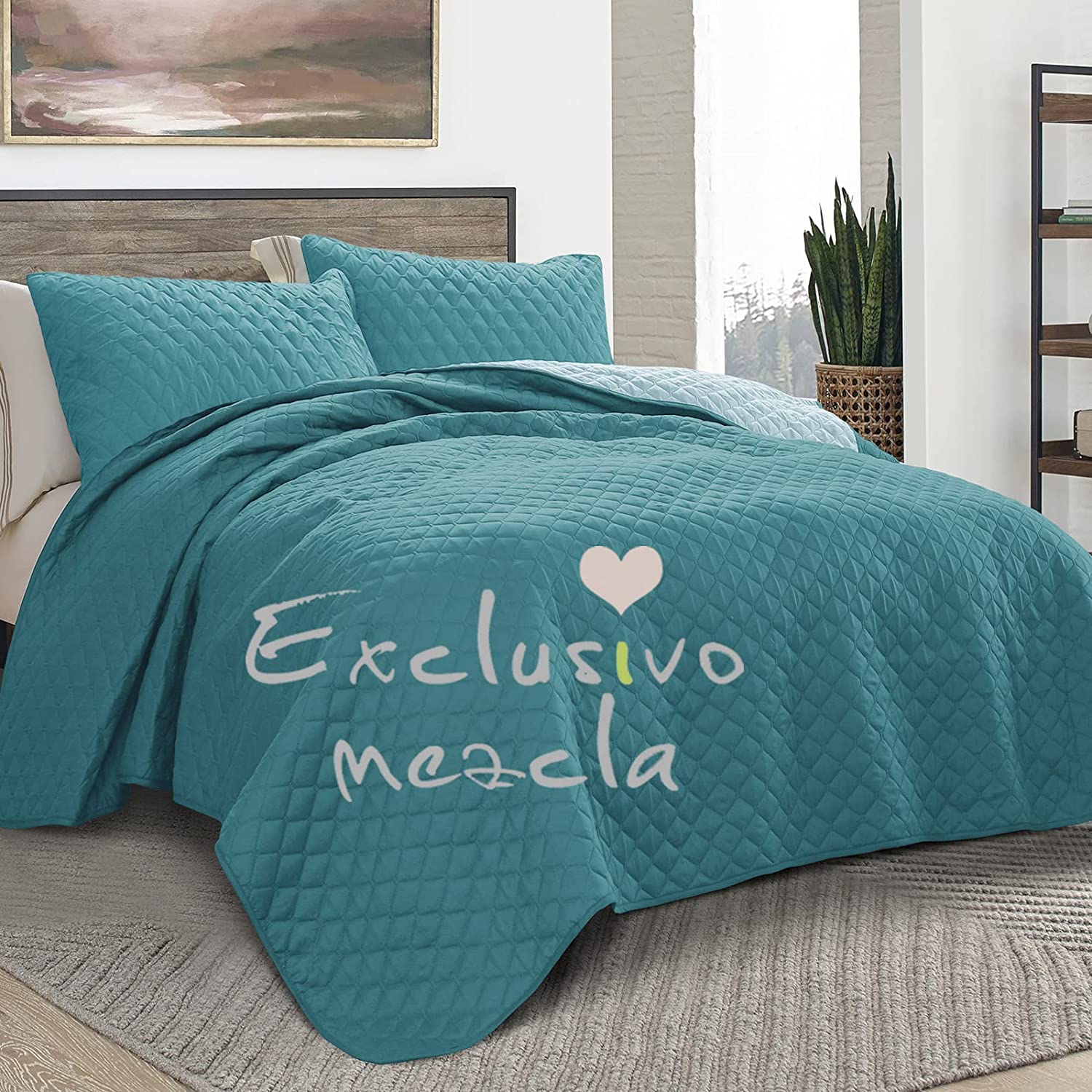 Exclusivo Mezcla Ultrasonic Reversible 3-Piece King Size Quilt Set with Pillow Shams， Lightweight Bedspread/Coverlet/Bed Cover - (Dusty Teal， 92