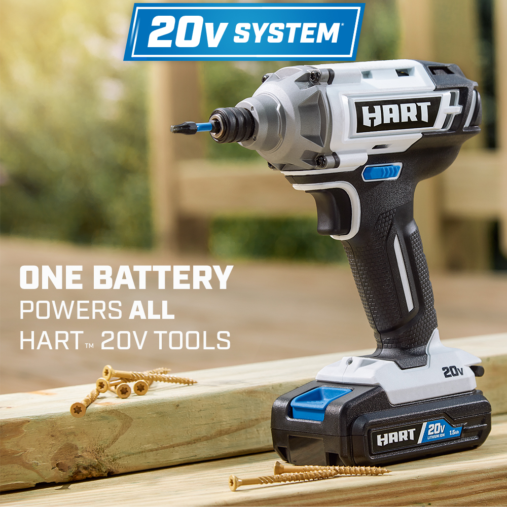 HART 20-Volt Cordless 4-Tool Combo Kit with 200-Piece Accessory Kit and 16-inch Storage Bag， (2) 20-Volt 1.5Ah Lithium-Ion Battery