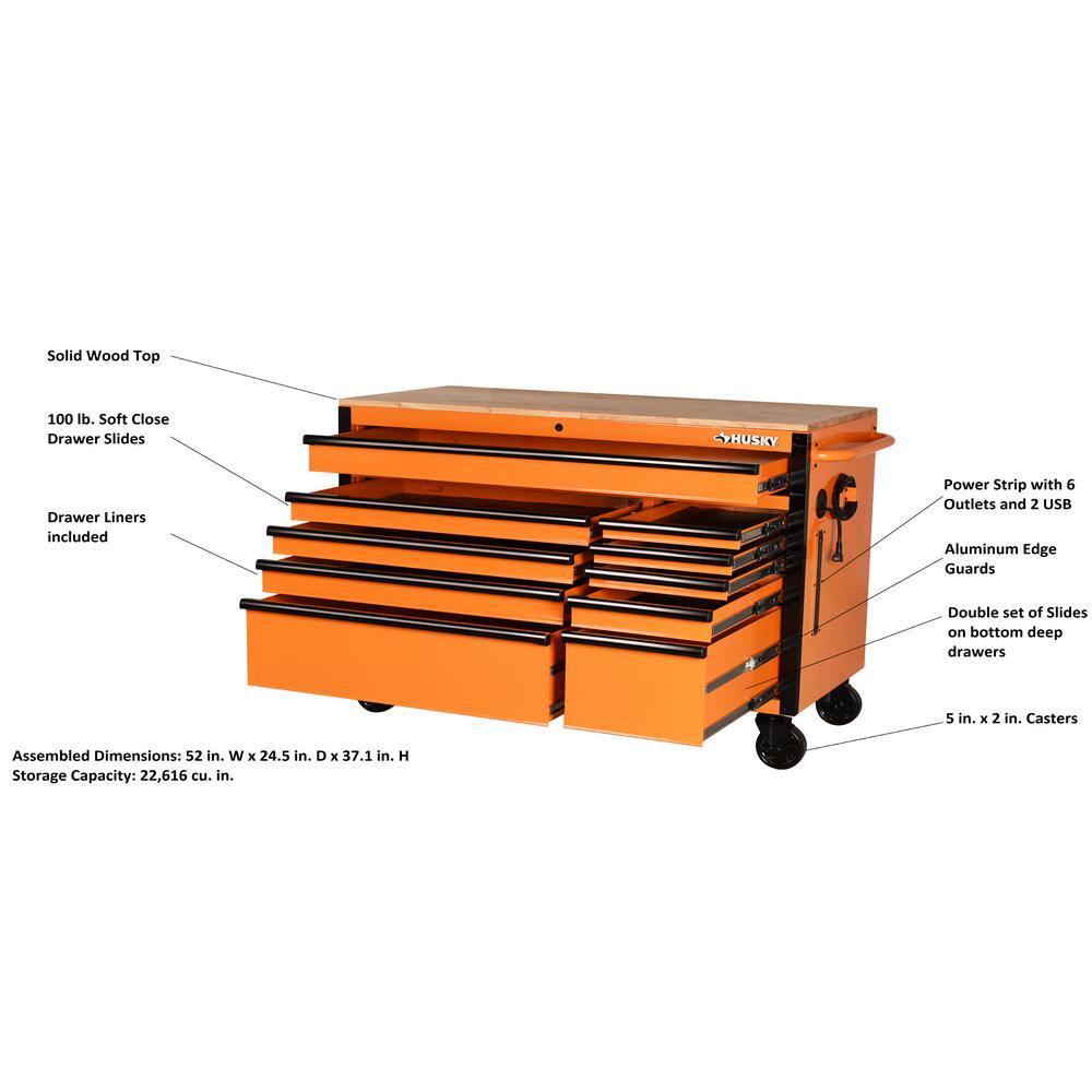 Husky 52 in. W x 24.5 in. D Standard Duty 10-Drawer Mobile Workbench Tool Chest with Solid Wood Work Top in Gloss Orange H52MWC10ORG