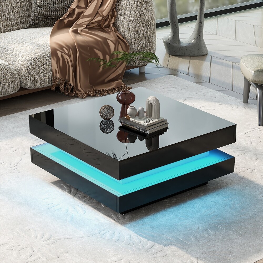 LED Coffee Table for Living Room Square Coffee Table with LED Lights  2 Tier Center Table  Cocktail Table with High Glossy