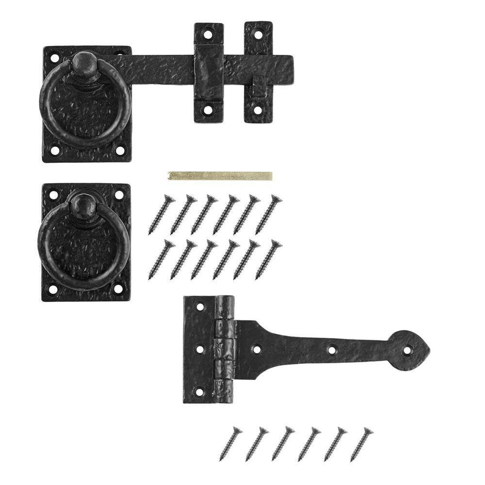 Everbilt 10 in. Matte Black Ring Latch Gate Set with 8 in. Tee Hinge 60222