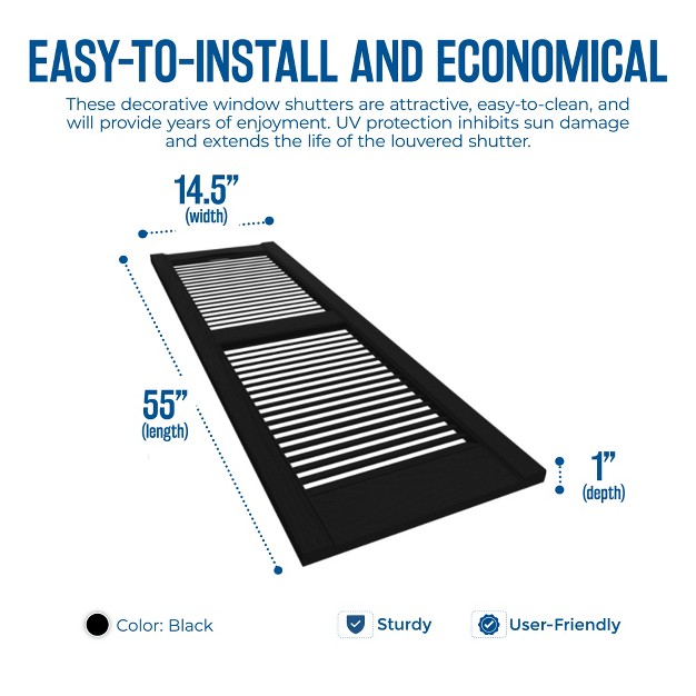 Plastic Development Group Lsblck1455 14 X 55 Inch Decorative Exterior Vinyl Plastic Louvered Window Shutters W Installation Kit amp Instructions Black