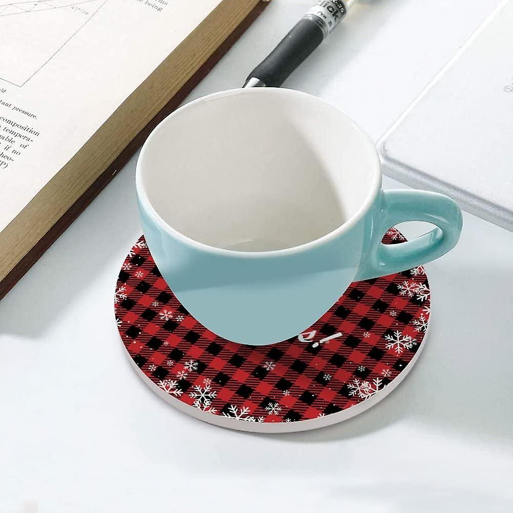 4pcs Round Merry Christmas At Buffalo Plaid Ceramic Coasters With Cork-backed For Coffee Drink Cup Mat Absorbent Stone Coasters