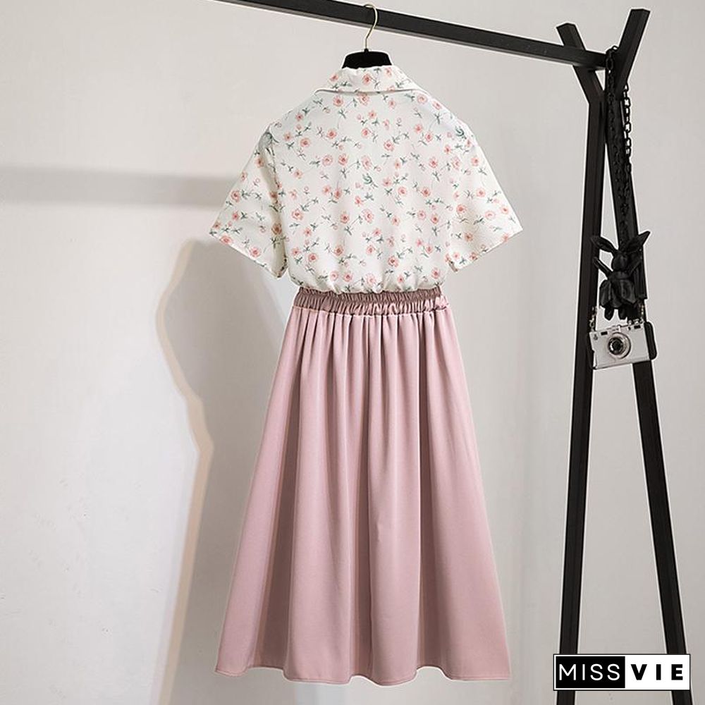 Floral Tee+Solid Color Skirt P11989