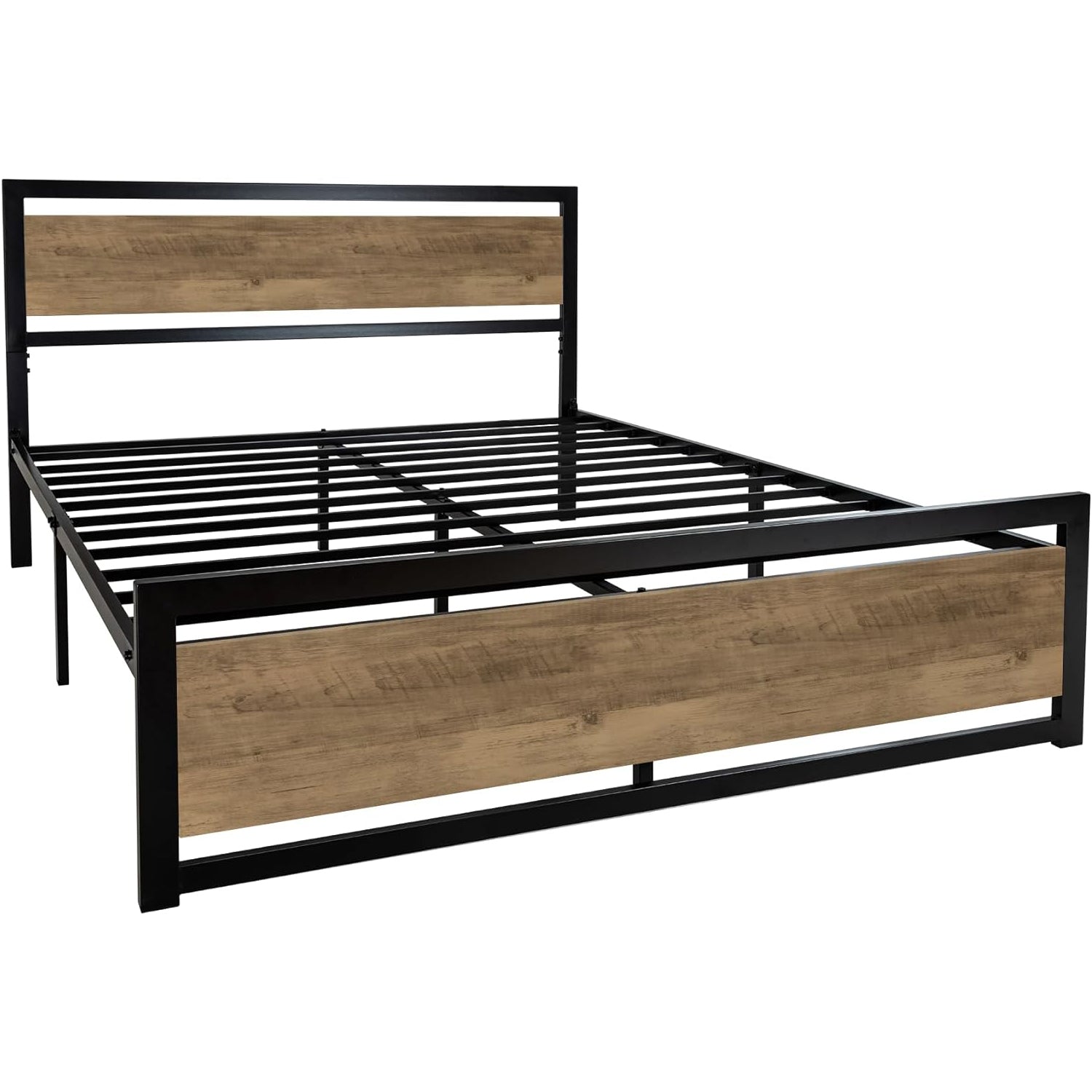 Bed Frame with Wooden Headboard & 13 Strong Metal Slats Supports Bed Frame Heavy Platform Metal