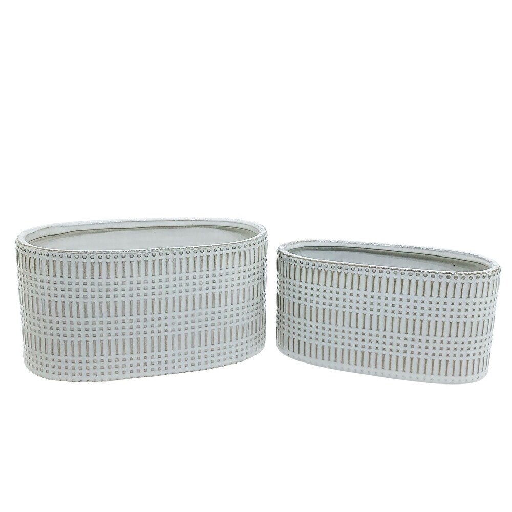 Set of 2 Beige Ceramic Oval Line Decorative Planters 10\