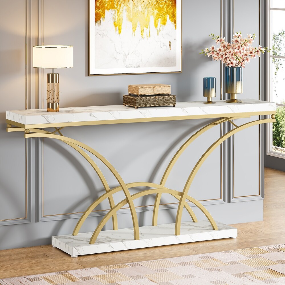 70.9'' Faux Marble Console Sofa Table with Half Moon Shaped Metal Legs for Entryway  Accent Tables for Living Room