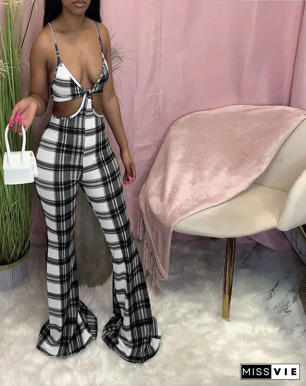 Plaid Printed V Neck Cut Out Sleeveless Flared Halter Jumpsuits