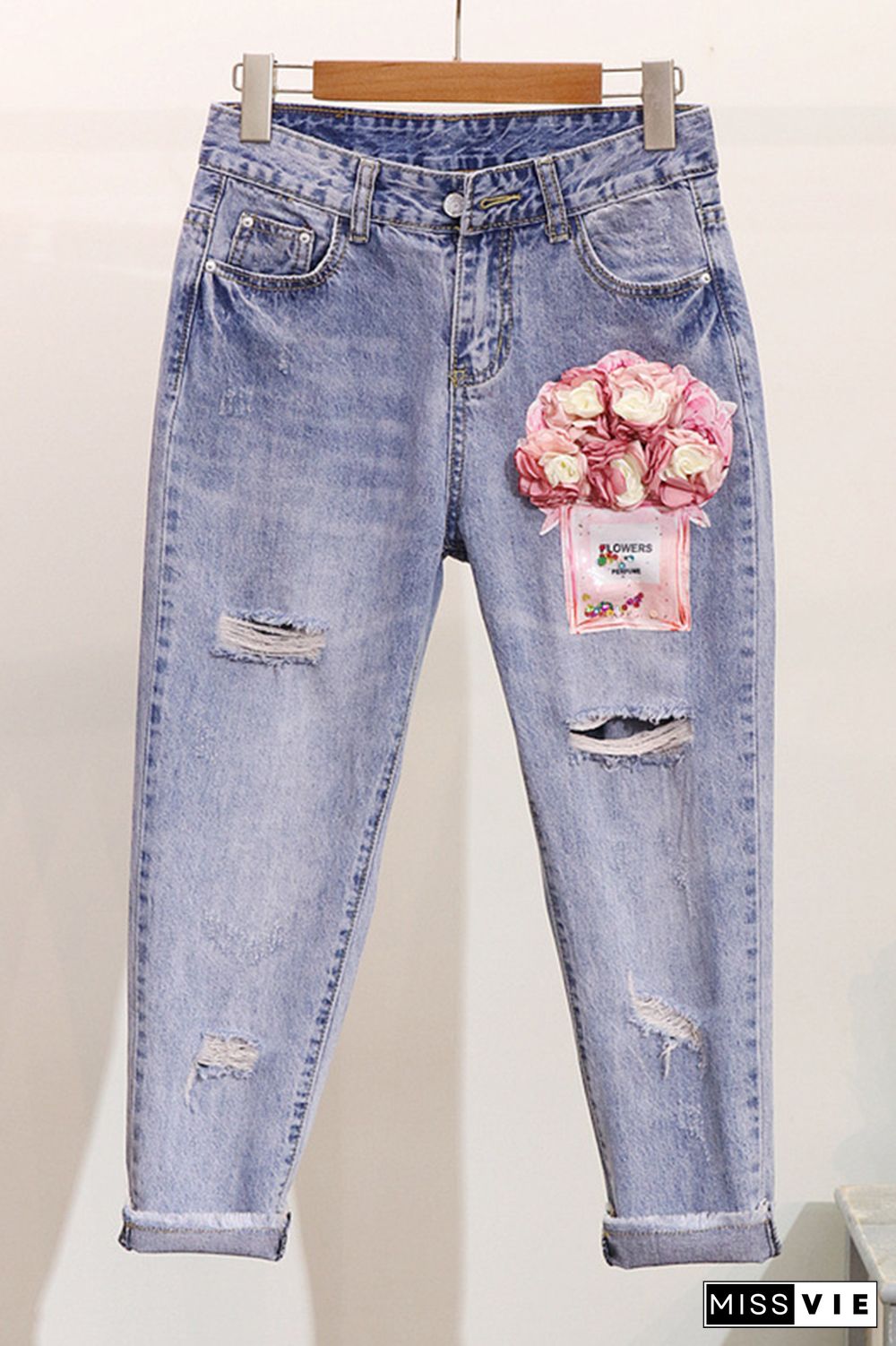 Floral Embroidery Ripped Jeans Wholesale