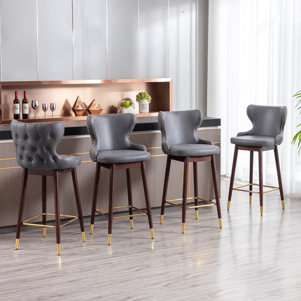 Modern Leather Fabric Bar Stool with Gold Nailheads   Solid Wood Legs  Set of 2