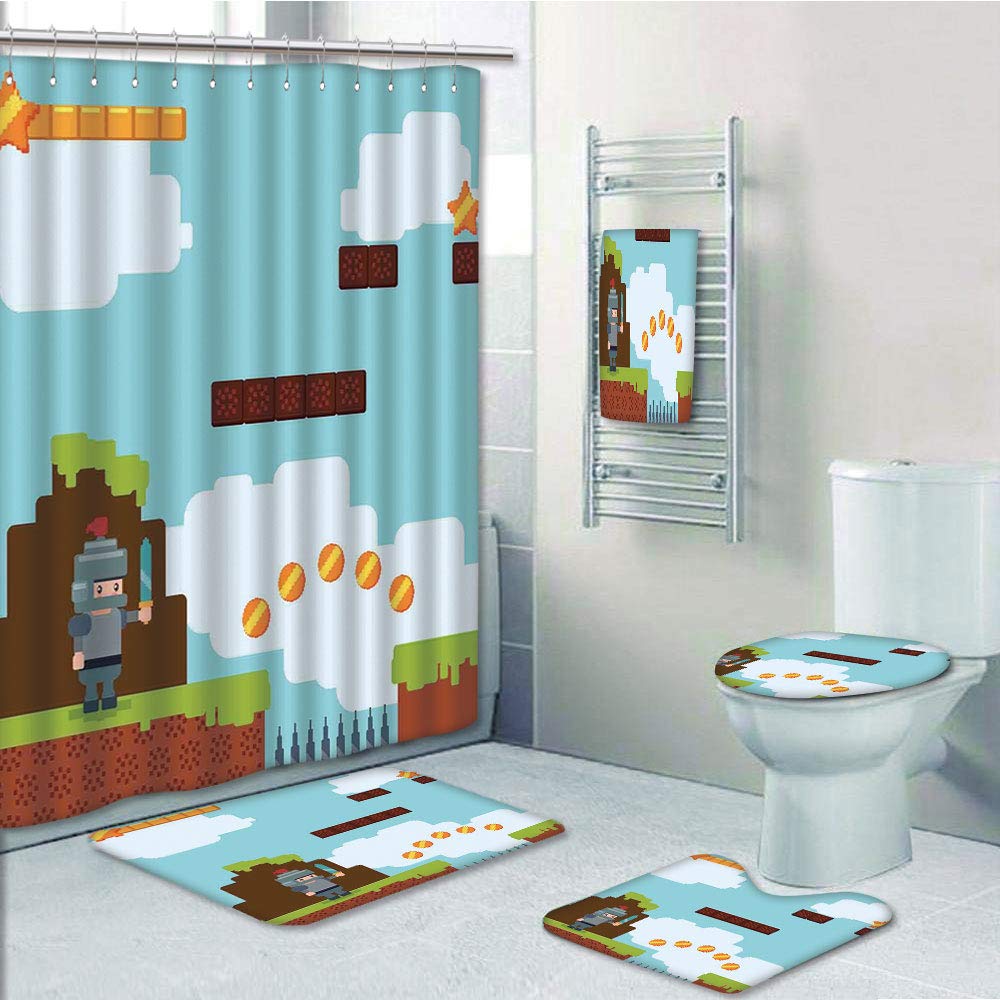 PRTAU Video Games Arcade World Kids 90s Fun Knight with Sword Fireball Bonus Stars Coins 5 Piece Bathroom Set Shower Curtain Bath Towel Bath Rug Contour Mat and Toilet Lid Cover