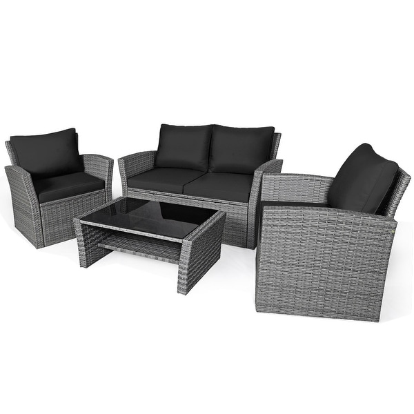 Gymax 4PCS Patio Rattan Conversation Set Outdoor Furniture Set w/