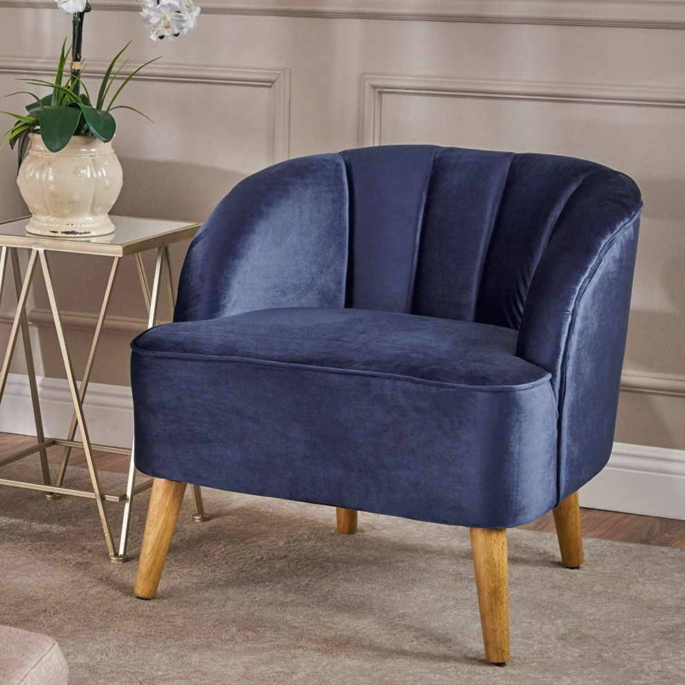 Modern Accent Chair  Cushioned Seat With Channel Tufted Back  Cobalt  ampWalnut   Transitional   Armchairs And Accent Chairs   by Declusia  Houzz