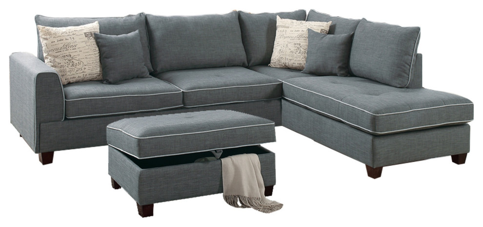 Dorris Fabric 3 Piece Sectional With Storage Ottoman  Gray   Transitional   Sectional Sofas   by Davis Bargains  Houzz