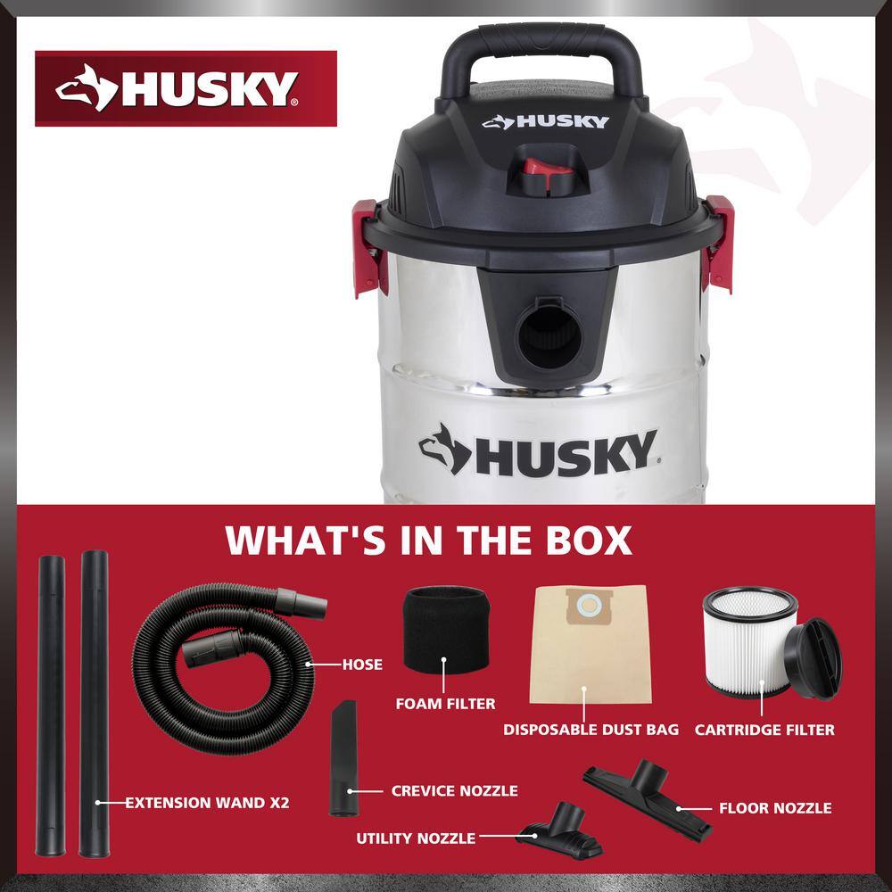 Husky 10 Gal. Stainless Steel WetDry Vac with Filter Hose and Accessories AT18503-10C