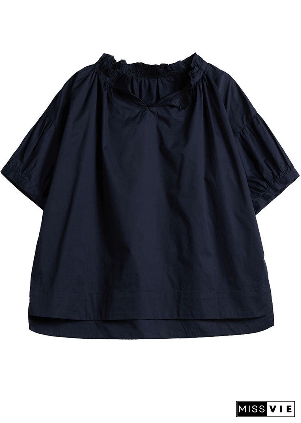 Loose Navy Ruffled Solid Color Cotton Shirt Tops Short Sleeve