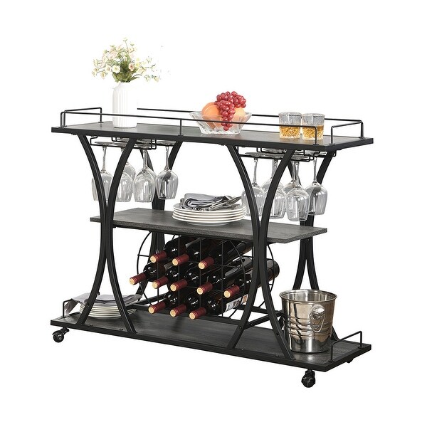 3-Tier Industrial Style Bar Cart with Wheels and Bottle Rack