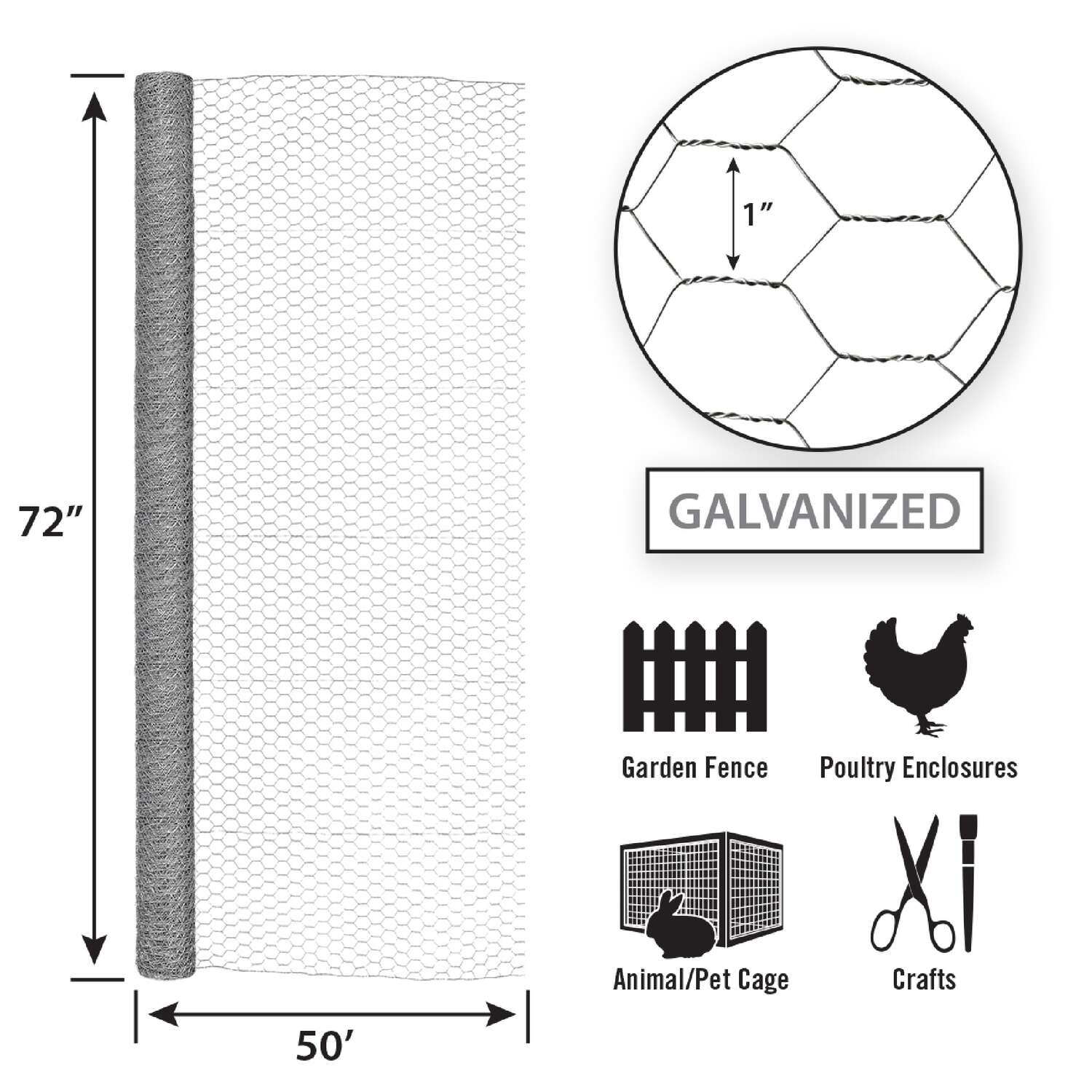 Garden Craft 72 in. H X 50 ft. L Galvanized Steel Poultry Netting 1 in.