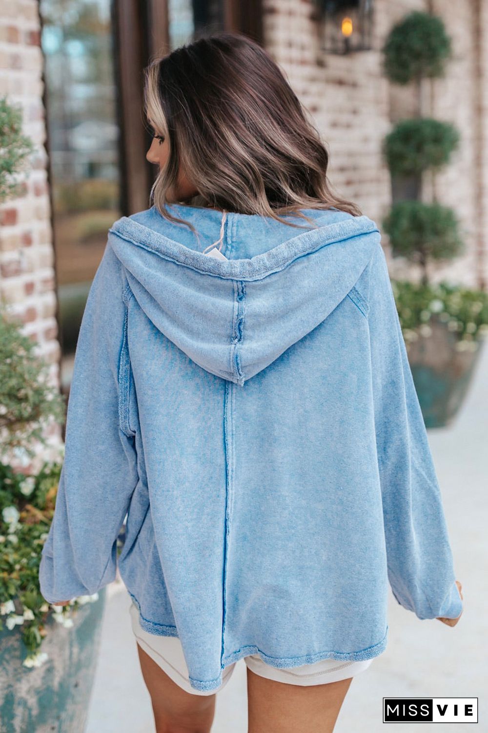 Sky Blue Solid Color Oversized Zip Up Hoodie with Pockets