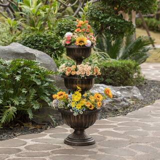 Gardenised Bronze Outdoor Garden Triple Stacked Flower Bowl Urn Tier Planter Decoration QI004403