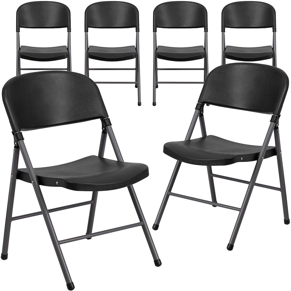 Emma and Oliver 6 Pack 330 lb. Capacity Black Plastic Folding Chair - Charcoal Frame - Event Chair