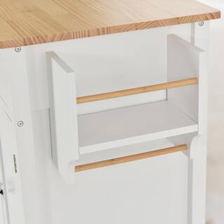 HwoamneT 54.3 in. W White Kitchen Island Cart with Solid Wood Top Locking Wheels 4-Door Cabinet 2-Drawers Spice Rack Towel Rack SH#WF286911WH