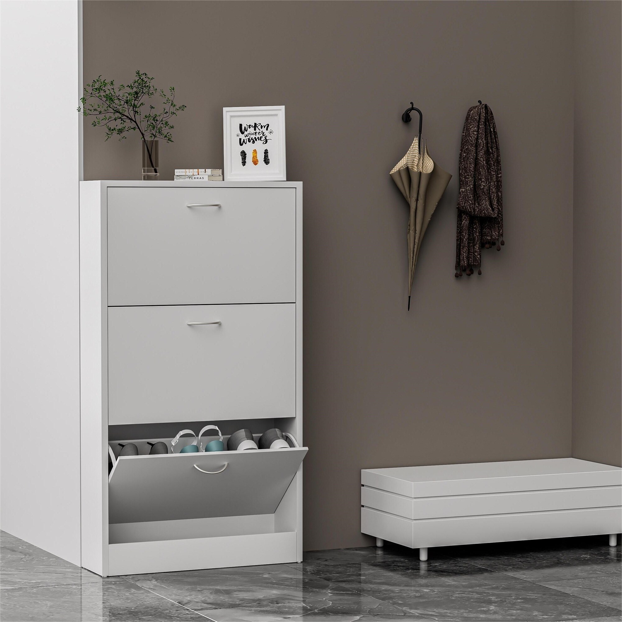 Modern Simple Large 3 Drawers White Shoe Cabinet for Living Room - - 36253097