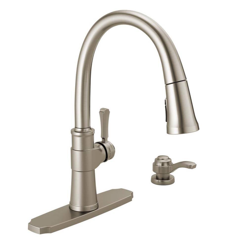 Delta Spargo Single-Handle Pull-Down Sprayer Kitchen Faucet with Shield Spray and Soap Dispenser in Spot Shield Stainless 19964Z-SPSD-DST