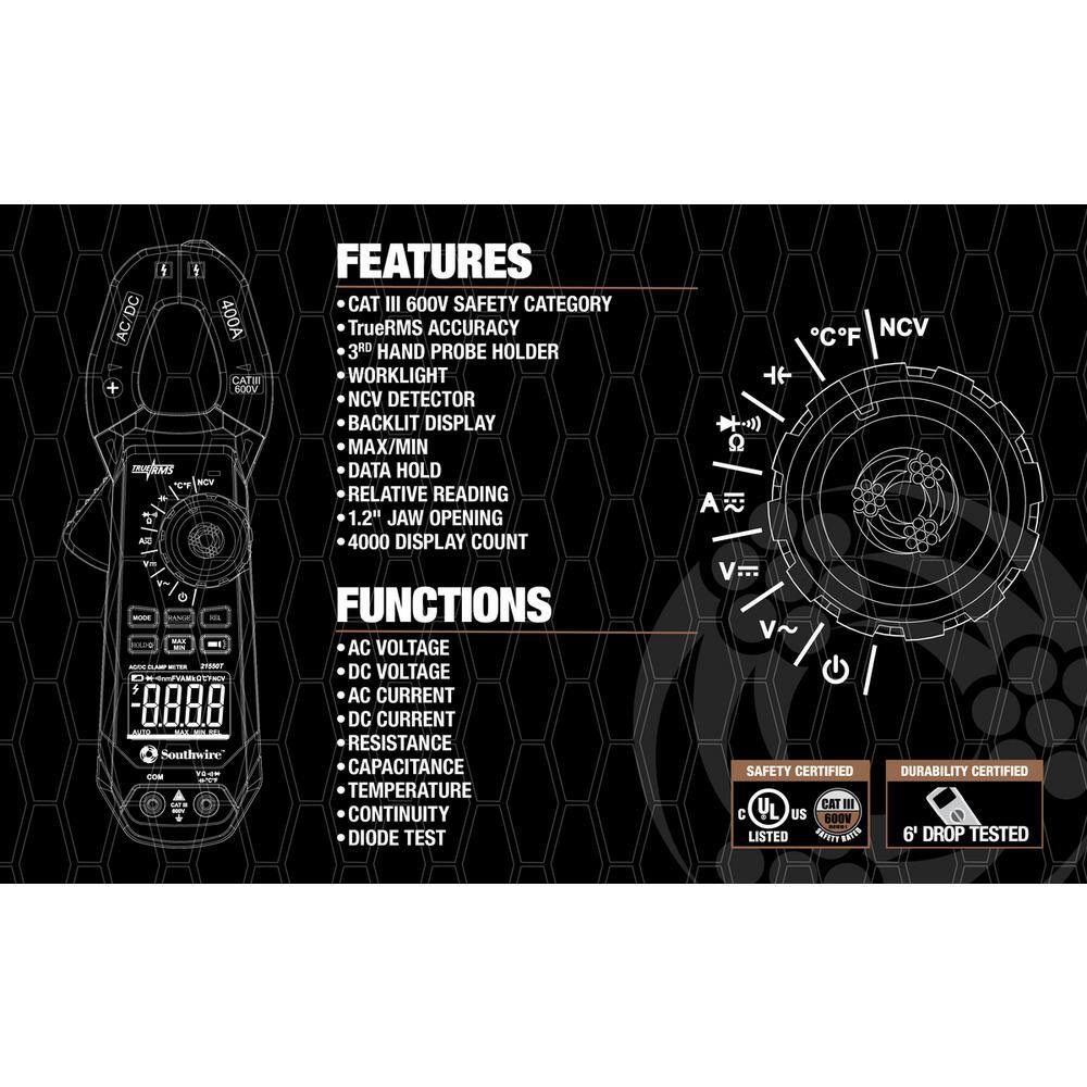 Southwire 400 Amp ACDC Clamp Meter with True RMS Built-In NCV Worklight and Third-Hand Test Probe Holder 65031840