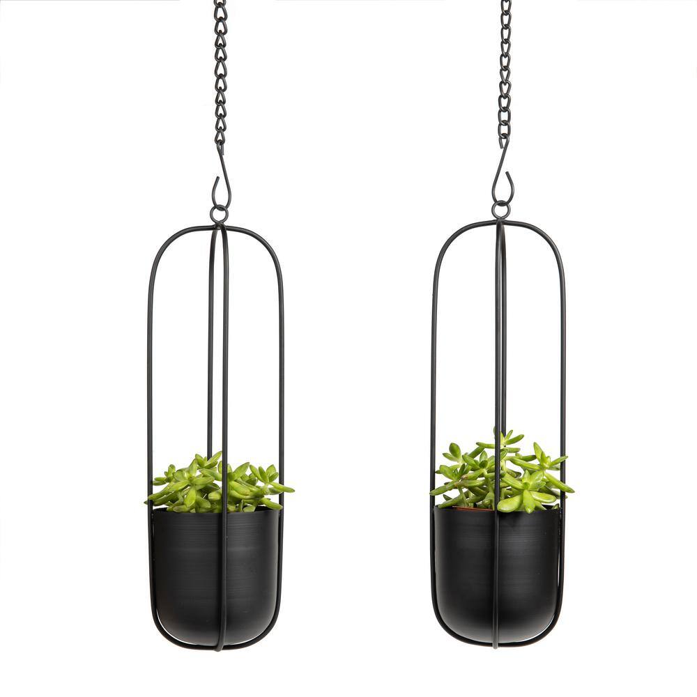 DANYA B Walter 2-Piece Modern Black Metal Oval Hanging Planter Set with Chain Hanging Option SE24396