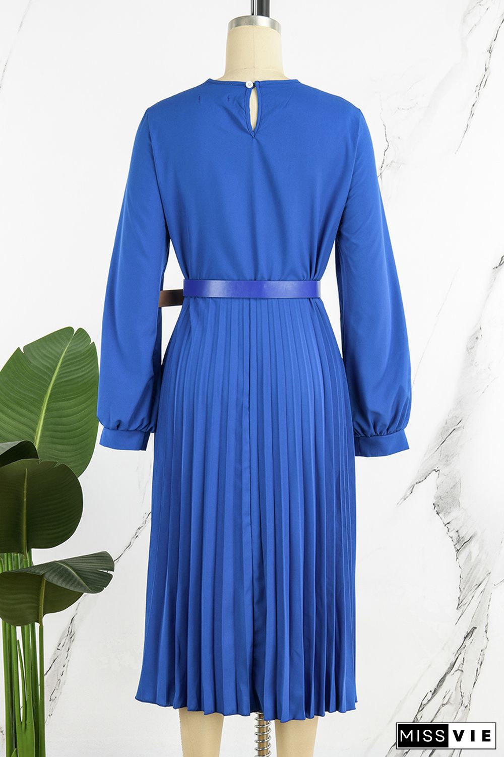 Blue Casual Elegant Solid Patchwork Fold With Belt O Neck Straight Dresses(Contain The Belt)