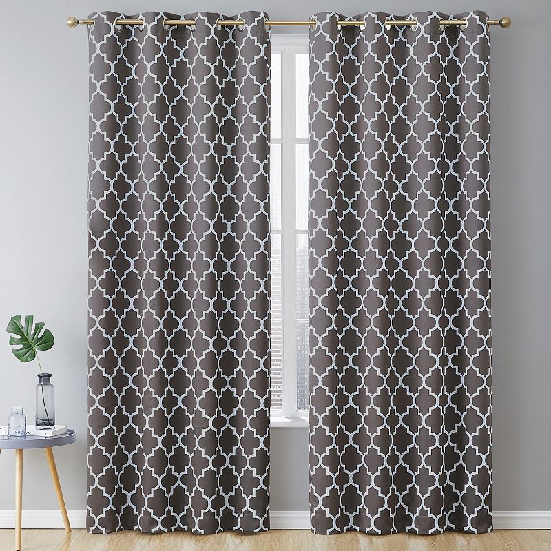 THD Royal Lattice Decorative Blackout Thermal Privacy Room Darkening Grommet Window Drapes Curtain Panels Bedroom - Set of 2