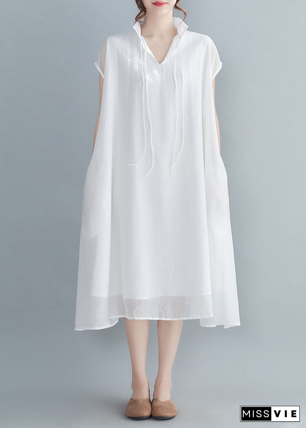 White Chiffon Long Dress Extra large hem Lace up Short Sleeve