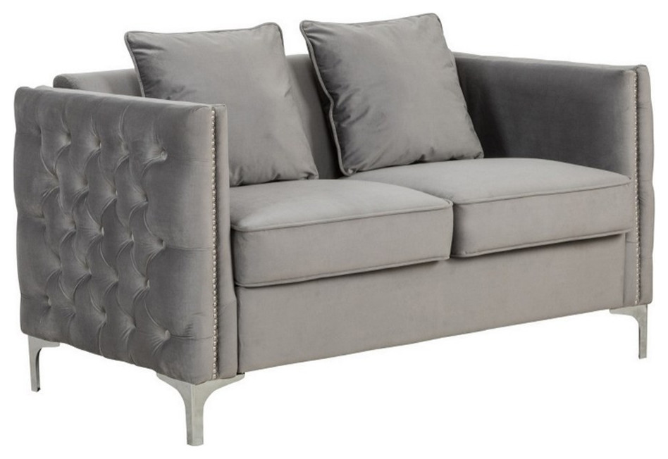 Benzara Zion 53 quotVelvet Accent Loveseat Handmade with Nailhead Trim in Gray   Midcentury   Loveseats   by Homesquare  Houzz