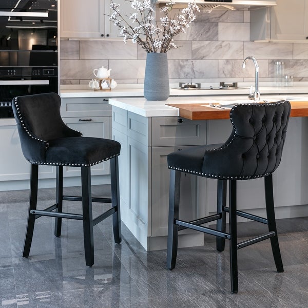 Upholstered Barstools with Button Tufted Decoration and Wooden Legs