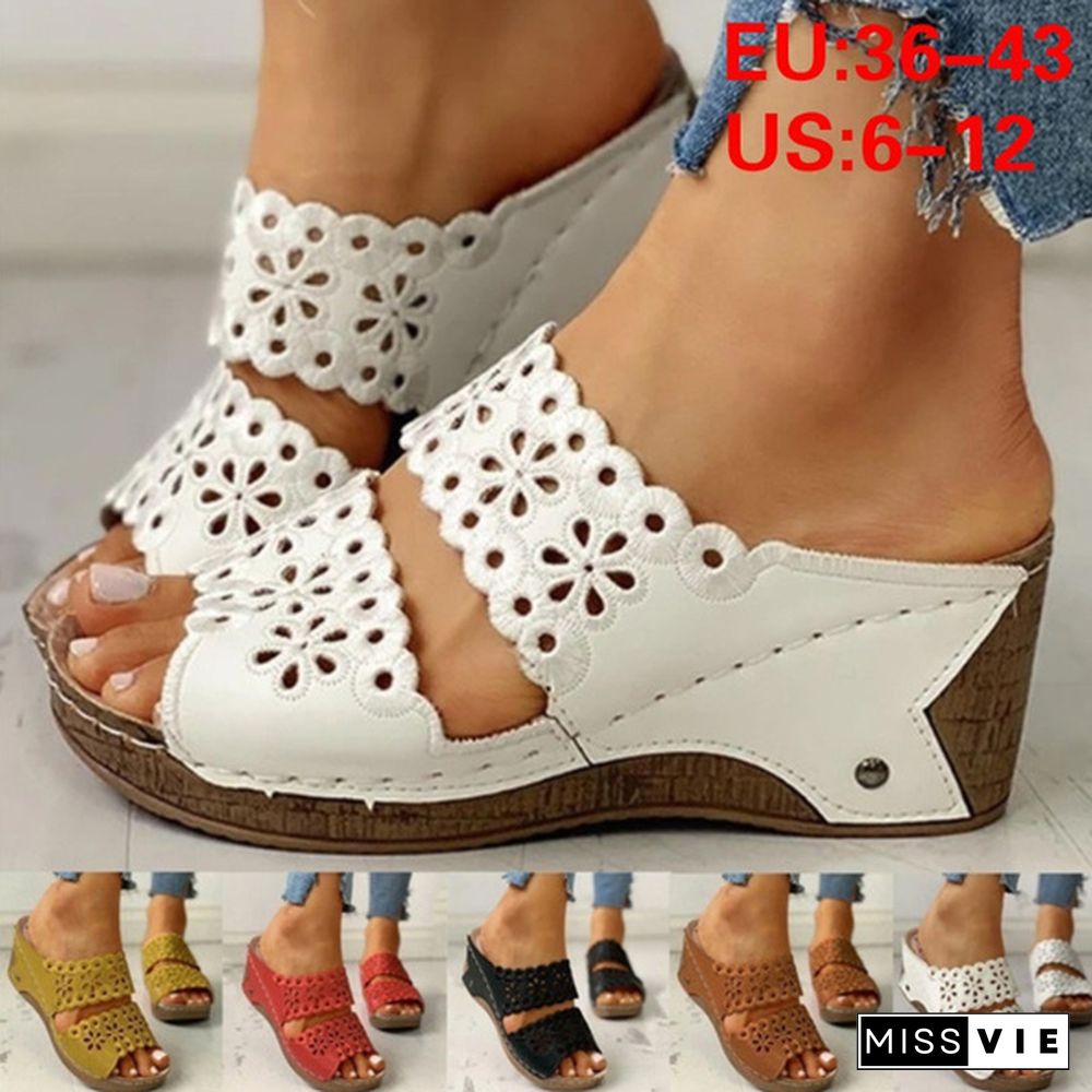 Women's Summer Fashion Retro Slippers Flower Shoes Wedges Platform Flip Flops Beach Shoes Ladies Slides Party Sandals Plus Size 35-43