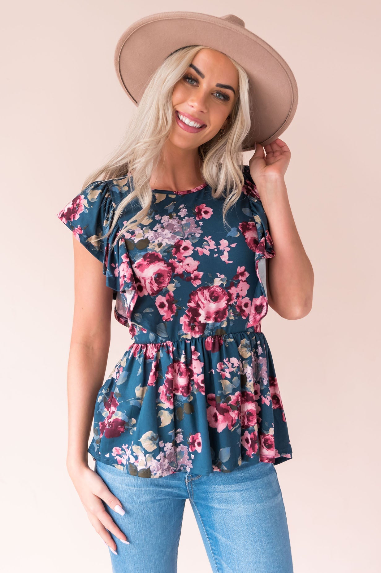 Carefree Modest Ruffle Peplum Blouse