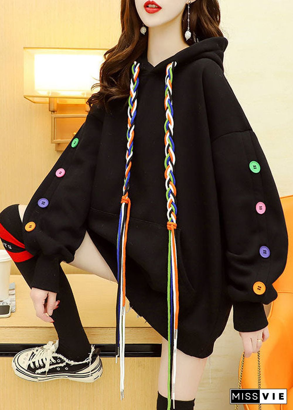 Unique Black Hooded Drawstring Woven Multi Button Warm Fleece Sweatshirts Top Winter