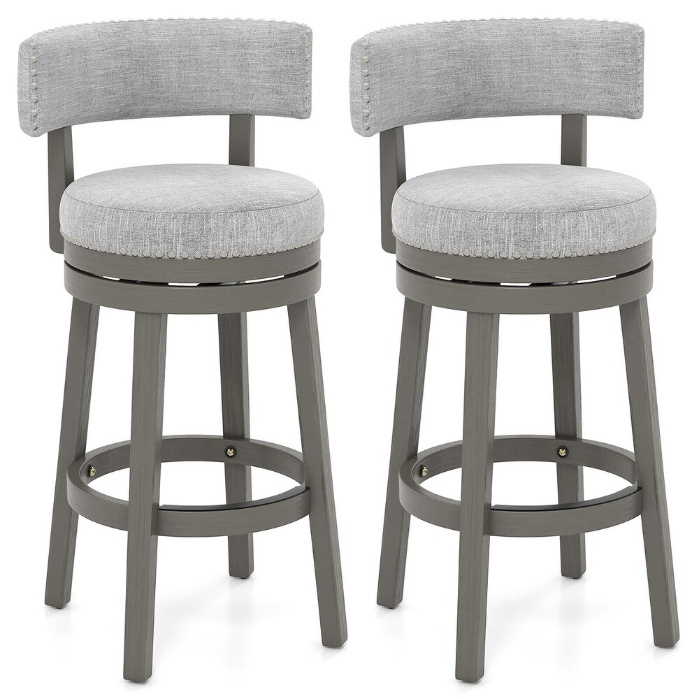 Gymax Set of 2 Upholstered Swivel Bar Stools Wooden Bar Height Kitchen