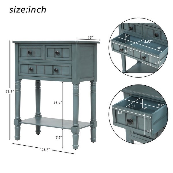 Narrow Console Table with 3 Storage Drawers and Black Round Deco Knobs， Slim Sofa Table with Bottom Shelf， Navy