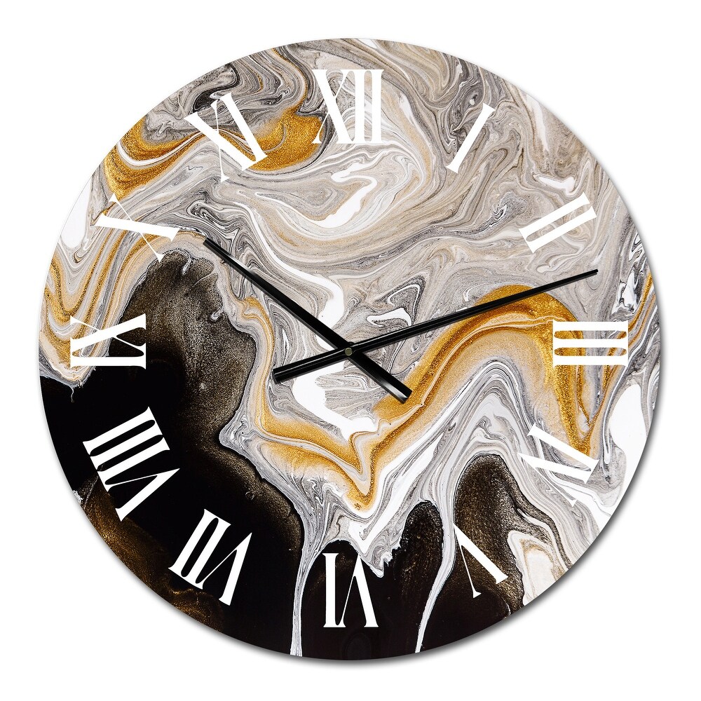 Designart 'Black And White Liquid Marble Waves IV' Modern wall clock