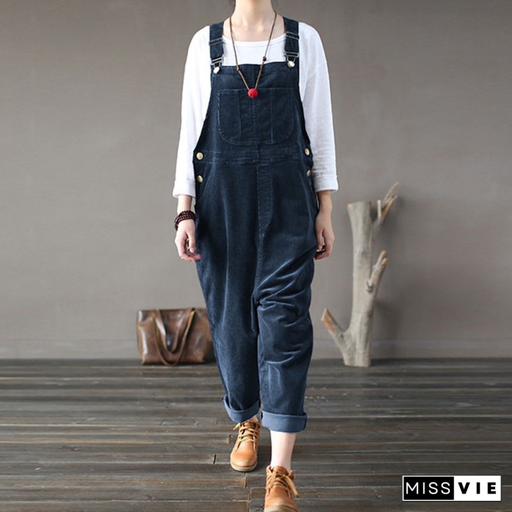 Women Corduroy Bib Pants Trousers Jumpsuit Playsuit Dungarees Pinafores Overalls