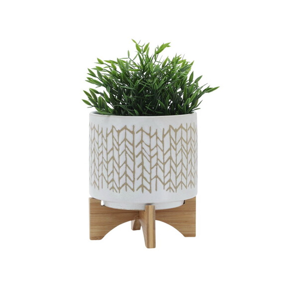 8 CHEVRON PLANTER w/ WOOD STAND  BEIGE B079106873