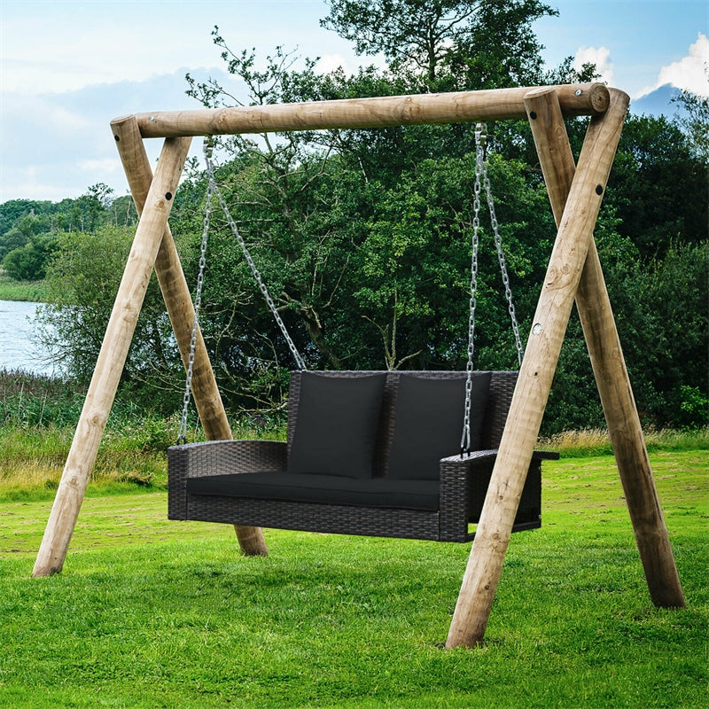 2-Person Outdoor Wicker Hanging Porch Swing Bench with Seat & Back Cushions