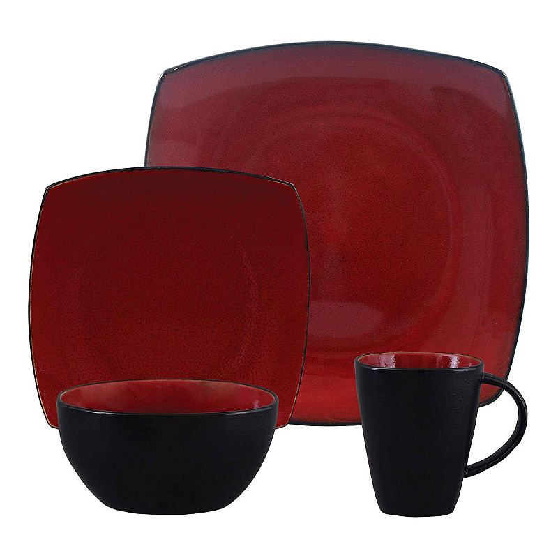 Gibson Soho Lounge 16 Piece Reactive Glaze Dinnerware Plates， Bowls， and Mugs， Red