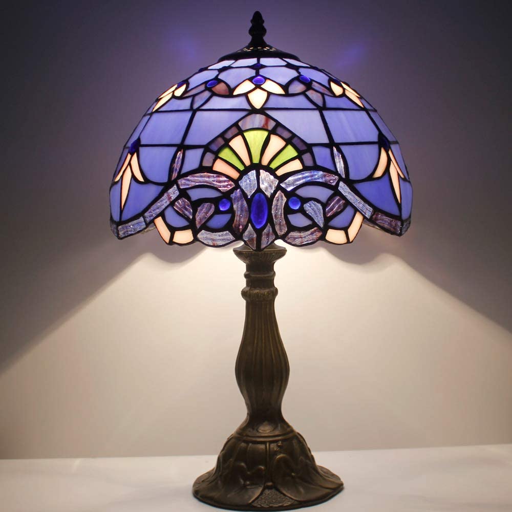 SHADY Tiffany Lamp Stained Glass Table Lamp 12X12X18 Inches Blue  Baroque Style Lavender Bedside Reading Desk Light Decor Bedroom Living Room Home Office S003C Series